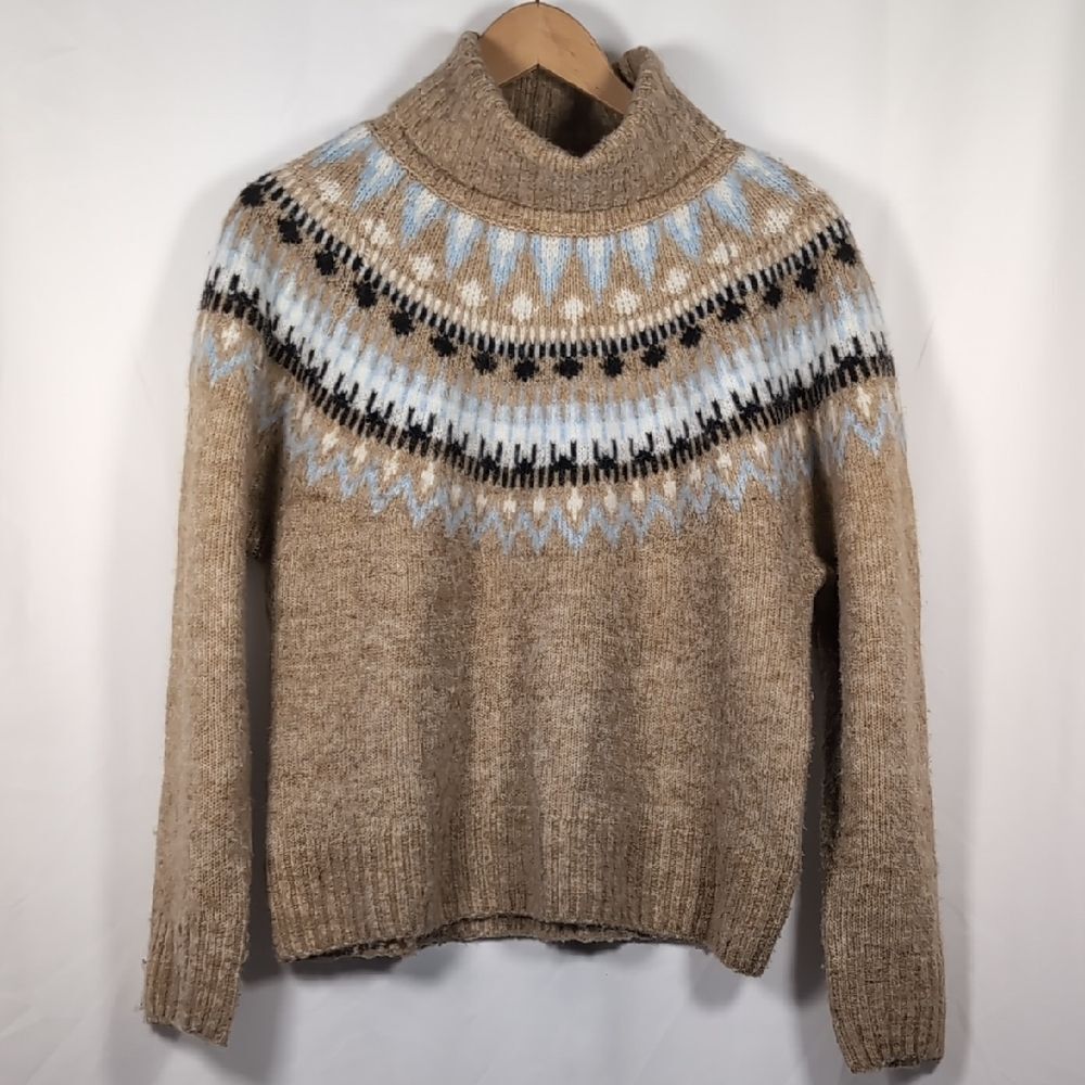 H&M Fair Isle Alpaca Wool Blend Oversized Chunky Turtleneck Sweater Preppy Boxy